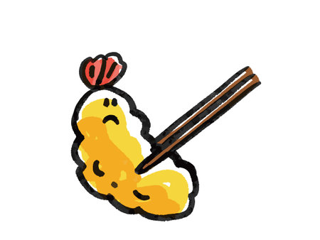 Fried shrimp pinched by chopsticks Watercolor style Surreal characterのイラスト素材