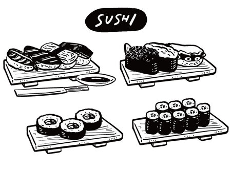 Monochromatic hand-drawn mark-style illustration set of served sushiのイラスト素材