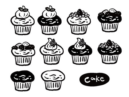 Monochromatic hand-drawn mark-style illustration set of various cupcakes/muffinsのイラスト素材