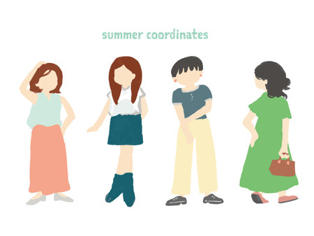 Illustration set of women in summer coordinationのイラスト素材