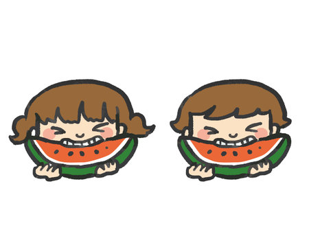 Illustration of a girl and a boy clinging to a watermelonのイラスト素材