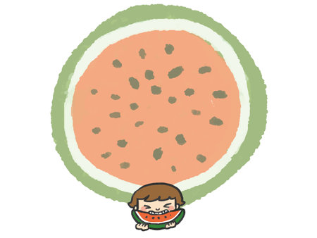 Frame 1 of a boy biting on a watermelon and a watermelonのイラスト素材