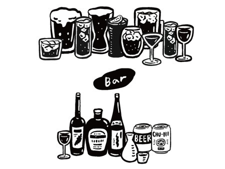 Two illustrations of many alcoholic beverages lined up next to each other, single colorのイラスト素材