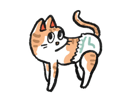 Handdrawn watercolor illustration of cat in diaperのイラスト素材