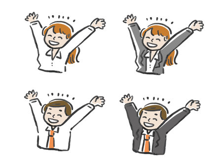 Illustration set of businessman and office lady happy with both hands raised watercolor hand drawn styleのイラスト素材
