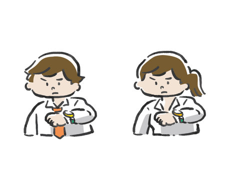 Single color illustration set of time-conscious businessman and office lady Watercolor hand drawn styleのイラスト素材