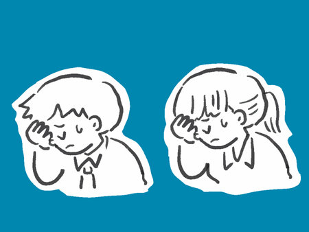 Handdrawn single color illustration set of businessman and office lady with unhappy faceのイラスト素材