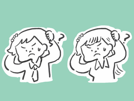 Handdrawn monochromatic illustration set of businessman and office lady in troubleのイラスト素材