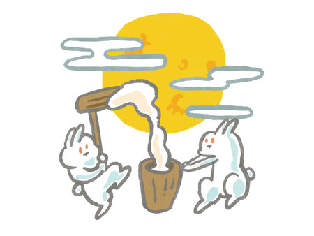 Handdrawn watercolor style illustration of rabbits making rice cakes and the moonのイラスト素材