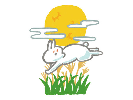 Handdrawn watercolor style illustration of rabbit, moon and pampas grassのイラスト素材