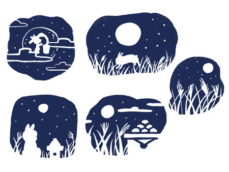 Watercolor Hand Drawn Style Fifteen Nights Moon and Night Simple Single Color Illustration Setのイラスト素材