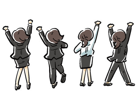 Hand-drawn touch illustration set of back figure OL happy in guts pose Full bodyのイラスト素材