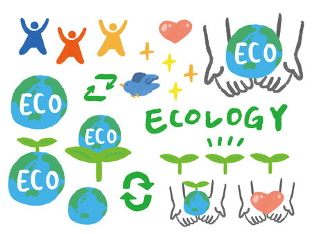 Hand drawn illustration back set about ecology, ecology, nature and environmental protectionのイラスト素材