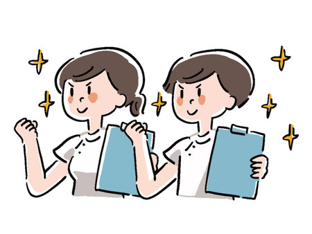 Loose touch Illustration of motivated nurse man and woman in hand drawn styleのイラスト素材