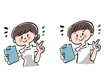 Illustration set of nurse man and woman holding up index finger in hand drawn style with loose touchのイラスト素材