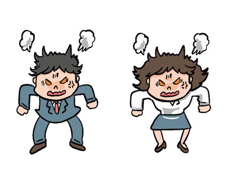 Illustration set of angry man and woman in demon form Full body faceのイラスト素材
