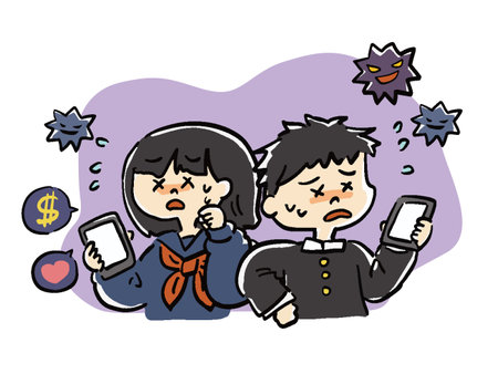 Illustration set of students (male and female) having trouble with mobile phones and the Internetのイラスト素材