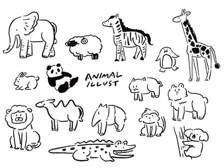 Loose hand drawn style animal illustration set (single color)のイラスト素材