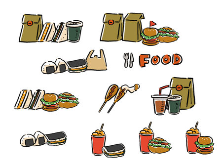 Fast Food Takeout Various hand-drawn illustration setsのイラスト素材