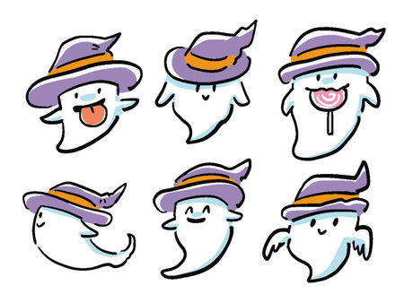 Hand-drawn cute illustration set of ghostsのイラスト素材