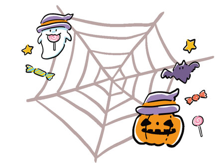Hand-drawn cute frame of spider web, ghost and haunted pumpkin (jack o'lantern)のイラスト素材