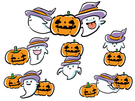 Hand-drawn cute illustration set of ghosts and haunted pumpkins (jack-o'-lanterns)のイラスト素材