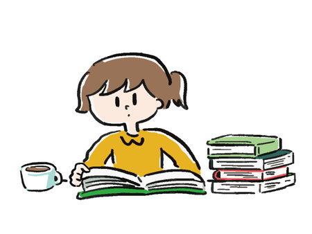 Illustration of a woman reading a book with a pile of books and coffeeのイラスト素材