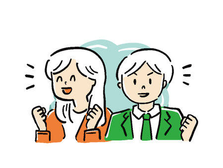 Illustration of office lady and businessman posing with light guts bust upのイラスト素材