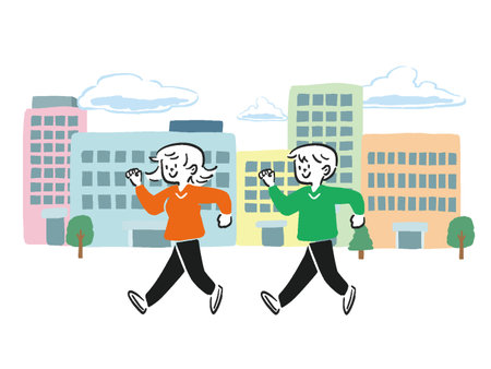 Hand drawn illustration of a man and a woman walking with pop hand-drawn buildingsのイラスト素材