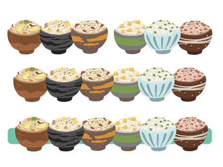 Simple hand-drawn style line illustration set of mixed rice cooked riceのイラスト素材