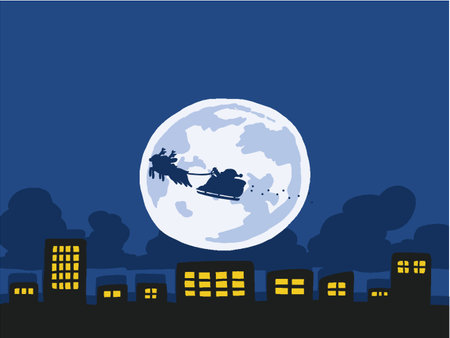 Background illustration of silhouette of Santa Claus and reindeer riding a sleigh, night sky and full moonのイラスト素材