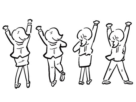 A set of hand-drawn illustrations of an office lady from behind who is happy with a fist pump. Full body line drawing.のイラスト素材