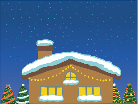 Background illustration of night sky, snowy house and Christmas treeのイラスト素材