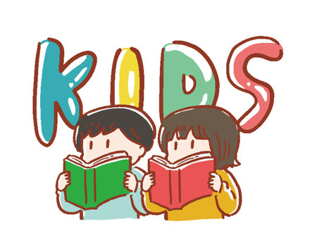 KIDS Character illustration of a boy and girl readingのイラスト素材