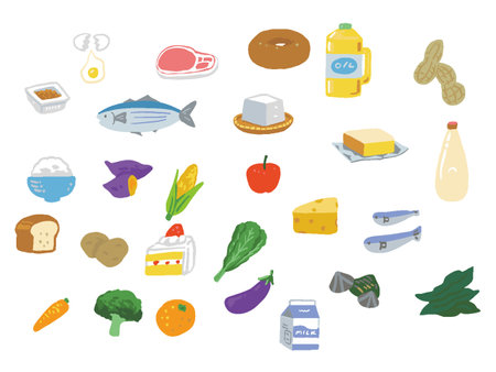 Various foods and nutrients Hand drawn watercolor illustration setのイラスト素材