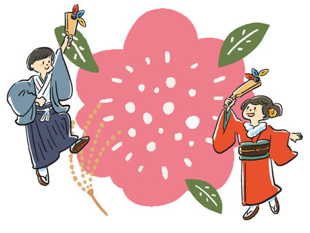 Man and woman in sunny clothes thrusting feathers Flower back Headline illustrationのイラスト素材