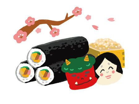 Setsubun illustration Demon and Fortune and Beans and Eho-maki and Plumのイラスト素材