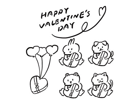 Deformed illustration set of animals and balloons with heart-shaped gift box Line drawing monochromaticのイラスト素材