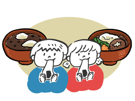 Hand-drawn style illustration of boy and girl eating mochi, ozoni and oshirukoのイラスト素材