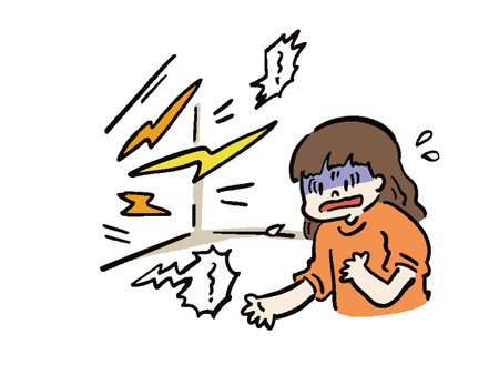 Illustration of a woman confused by the noise in the next roomのイラスト素材