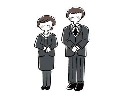 Men and women in mourning bowing full body hand-drawn style illustration setのイラスト素材