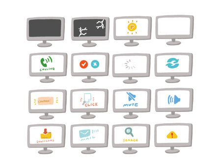 Illustration set of icons reflected on the monitorのイラスト素材