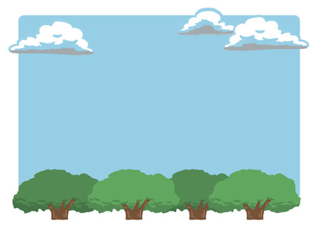 Hand-drawn frame illustration of trees, blue sky and cloudsのイラスト素材