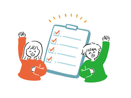 Hand-drawn style pop illustration of checklist binder and men and womenのイラスト素材