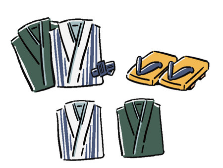 Hot spring inn yukata and geta hand-drawn style illustration setのイラスト素材
