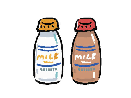 Hand-drawn illustration set of milk and coffee milk in a bottleのイラスト素材