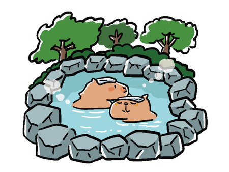 Hand-drawn illustration of two capybaras taking an open-air bath in the mountainsのイラスト素材