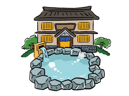 Hand-drawn illustration of an inn and a hot springのイラスト素材