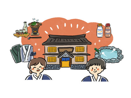 Hand-drawn illustration of a man and woman enjoying the image of a hot spring tripのイラスト素材