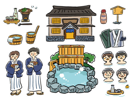 Loose hand-drawn illustration set of hot spring tripãのイラスト素材